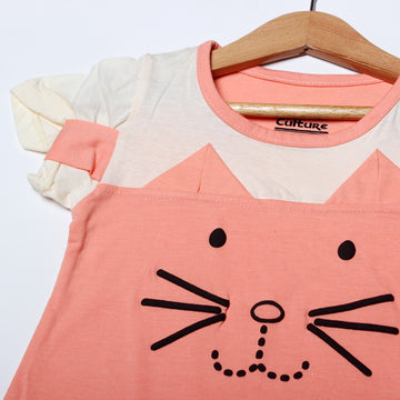 NEW PEACH & CREAM KITTEN FACE PRINTED HALF SLEEVES T-SHIRT TOP
